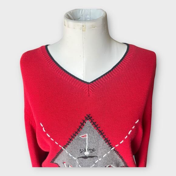 Vintage Red Argyle Embroidered Golf Sweater LizGolf Women's Large Preppy Classic - Picture 6 of 11